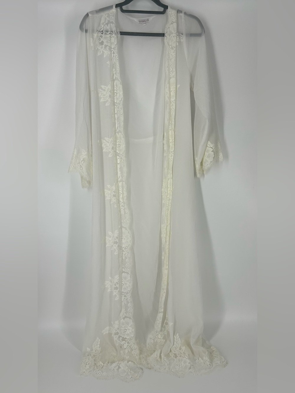 Sheer Lace-Trim Long Robe in Ivory